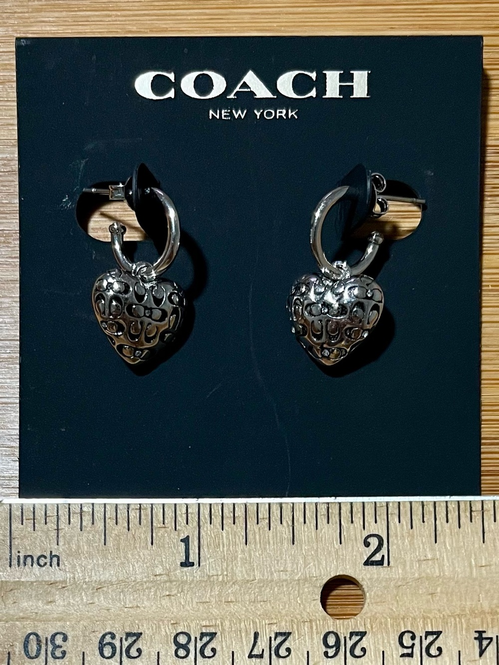 Coach Silver Tone Earrings 3D Hearts w/ Signature C Logos Huggie Hoop Dangle